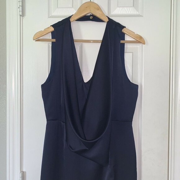 ASOS Navy Blue Deep V-Neck Front Draped Sleevless Open Back A-Line Dress Size 10 - Picture 3 of 11